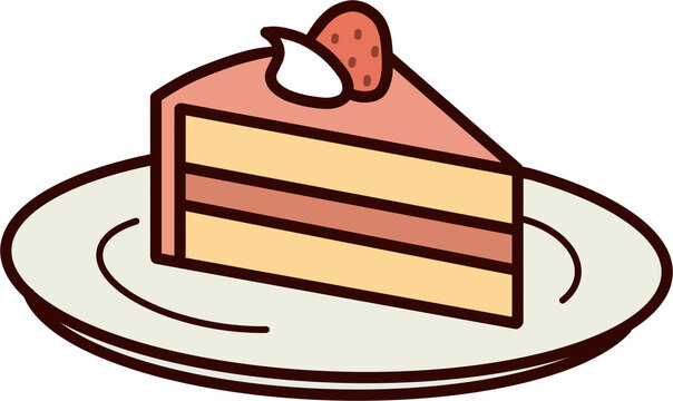 Strawberry cake slice on plate vector illustration, dessert cake icon
