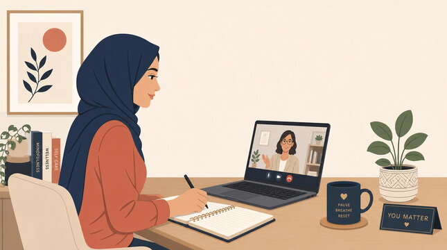 Muslim woman in hijab attending online therapy video call