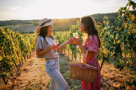 Two cheerful women holding hands and sharing wine in vineyard