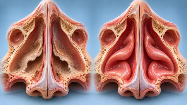 AI generated medical illustration of healthy vs congested nasal cavity cross-section for sinus health education