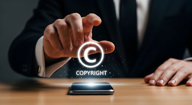 Intellectual Property Protection with businessman hand touching glowing copyright symbol over smartphone on wooden desk ideal for legal services and digital rights management.