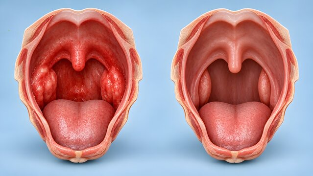 AI generated medical illustration comparing healthy throat anatomy and inflamed tonsils for healthcare education