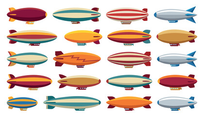 Vintage blimp and zeppelin airship vector icon set. Retro dirigible balloon, flying transport aircraft, striped aviation vehicle, gondola cockpit and sky travel elements. © Sakouat