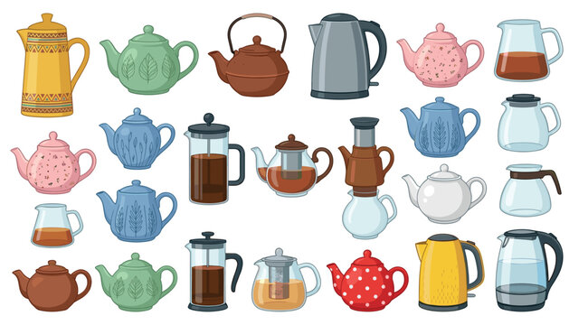 Teapot and electric kettle vector illustration set. Ceramic tea pot, glass french press, metallic boiler, glass pitcher, coffee maker server, hot beverage cafe kitchen elements.