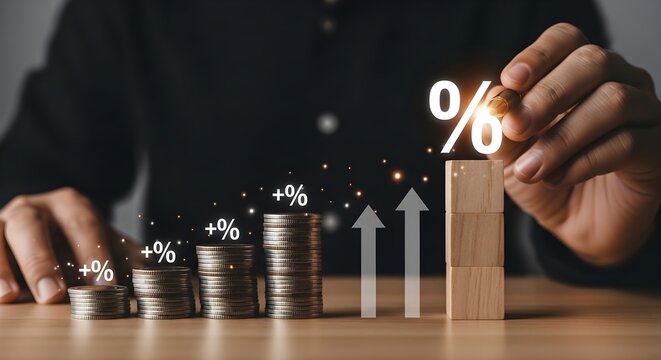 Financial Growth and Interest Rate Concept with businessman hand pointing at percentage icon above stacked coins and wooden blocks. Ideal for banking ads and investment blogs.