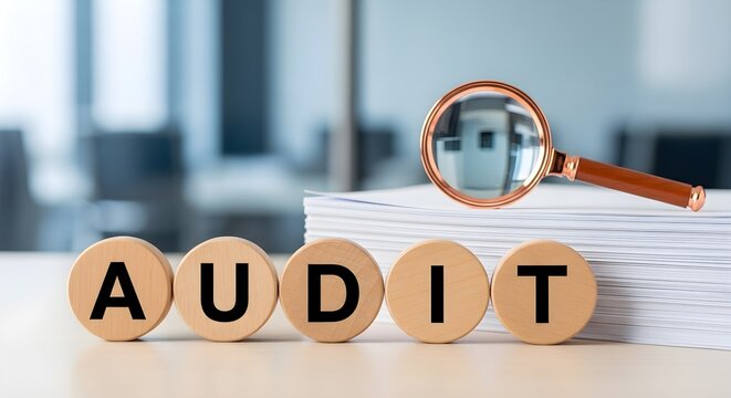 Financial Compliance Concept featuring wooden blocks spelling AUDIT with a magnifying glass on a stack of documents, ideal for accounting services and corporate transparency articles.