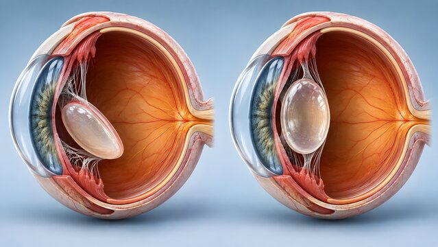 AI generated medical illustration of eye lens dislocation compared with a healthy human eye anatomy cross section