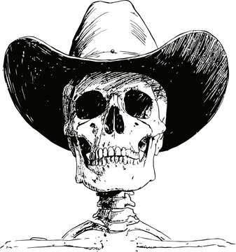Cowboy Wearing Wide Brim Western Hat, Hand Drawn Pen and Ink Illustration