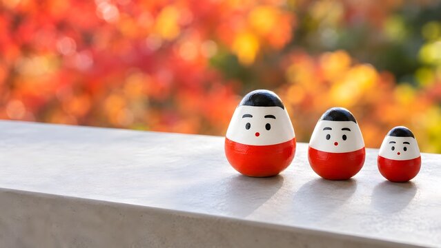 窓辺に並ぶ会津の起き上がり小法師 紅葉を背にした秋の縁起物