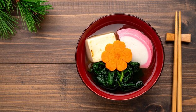 Top view of Japanese New Year ozoni soup with mochi, kamaboko and carrot flower
