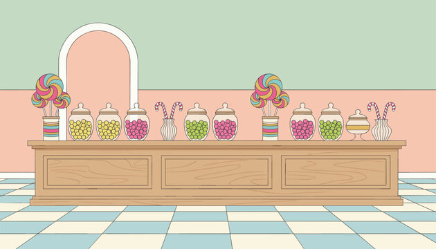 Wooden candy shop counter displaying colorful jars of sweets, lollipops, and candy canes in a vintage store.