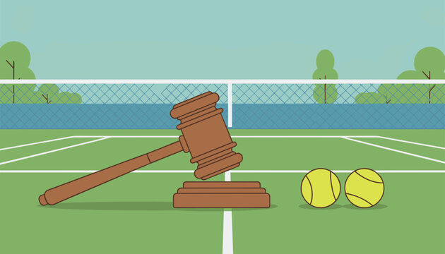 Wooden gavel and tennis balls resting on a green sports court with a white net and trees behind.