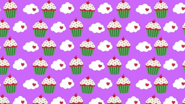 Cupcake seamless pattern background with sweet cherry cupcakes and heart clouds rising motion loop