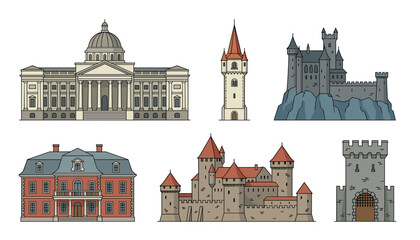 Fototapeta premium Medieval castle and palace architecture vector illustration set. Ancient fortress, stone tower, royal mansion, historical government building, fort gates and kingdom landmark elements.