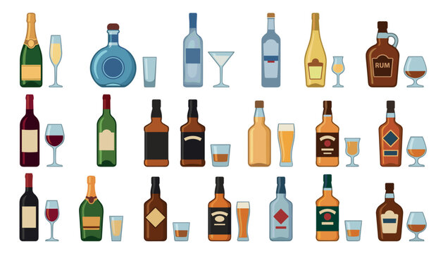 Alcohol bottles and drinking glasses vector icon set. Wine bottle, whiskey glass, champagne flute, rum decanter, vodka shot, beer mug and bar pub menu elements.