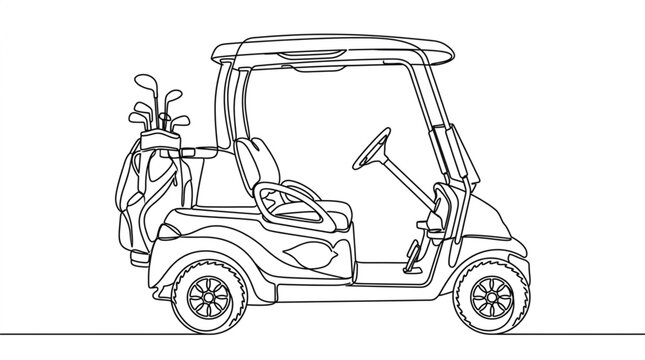 Continuous line drawing of golf cart with bag and clubs on white background