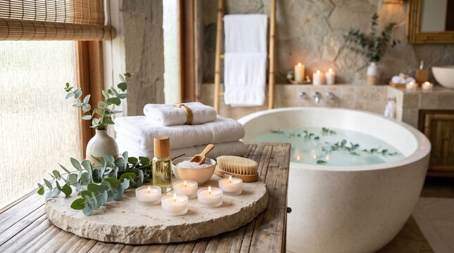 A serene spa bathroom with a luxurious soaking tub filled with water and herbs, surrounded by lit candles, fluffy towels, and essential oils