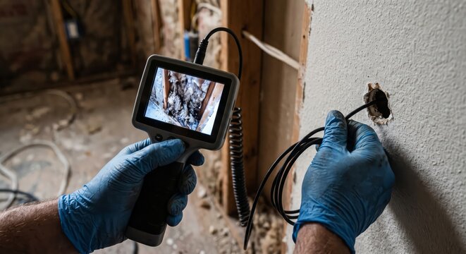 Technician using inspection camera in wall cavity of building