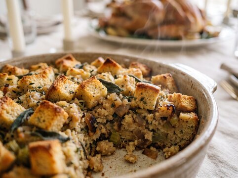 Close-up of a steaming, savory bread stuffing dish with sage, served on a festive holiday table with a roasted turkey in the background.