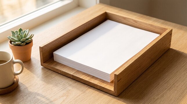 Wooden In-Tray Stacked With Blank Papers in Morning Light