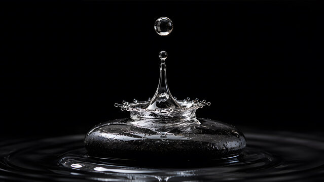 Water droplet hitting a smooth black stone creating a crown splash shape frozen in high speed motion against black background