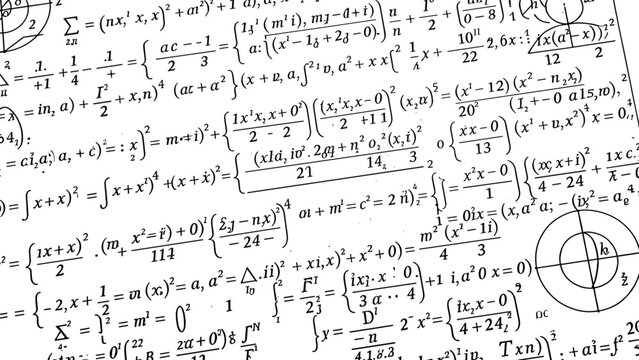 Complex mathematical equations artwork featuring algebra, trigonometry, summations, fractions, exponents, and geometric diagrams in detailed composition