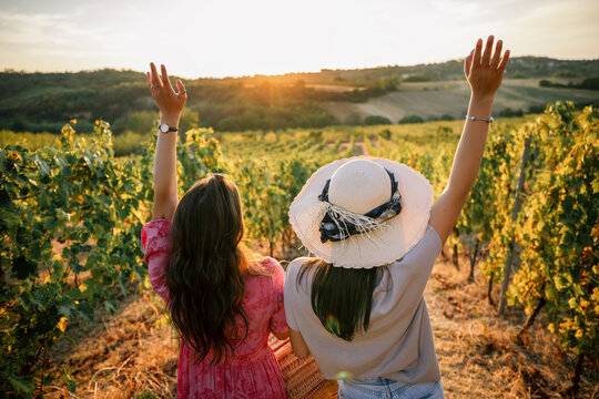 Two female friends raising hands in joy at vineyard sunset