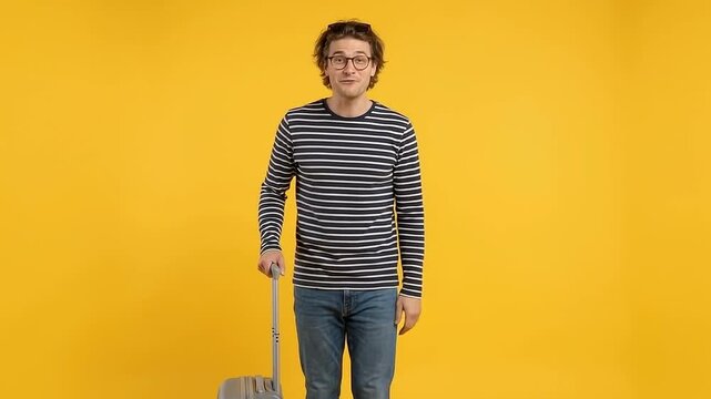 Smiling traveler waves goodbye with luggage