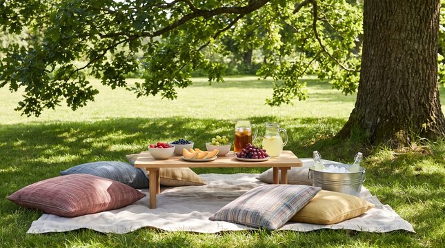 Summer picnic spread with fresh fruits and drinks under a large oak tree on a sunny day