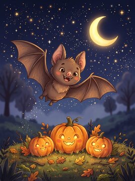 Macro photo of bat flying above three pumpkins 2k  showing abstract micro structural details and textures with professional studio lighting