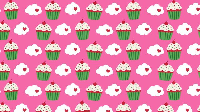 Cupcake seamless pattern background with sweet cherry cupcakes and heart clouds rising motion loop