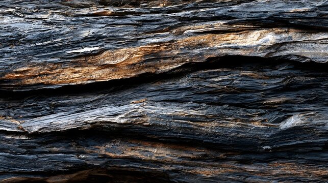Close up of layered rock strata with dark and earthy tones  showing natural geological textures and weathered surfaces