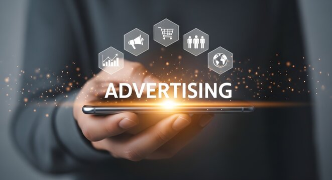 Digital Marketing Concept featuring a hand holding a smartphone with glowing advertising text and marketing icons, ideal for business presentations and digital marketing agency websites.