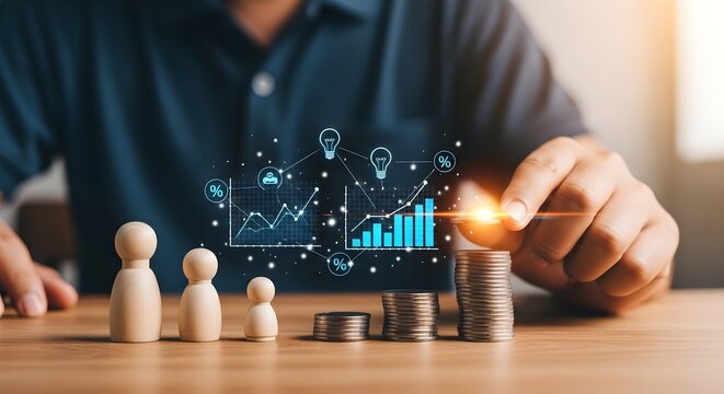 Financial Growth and Wealth Management with hand stacking coins next to wooden family figures and digital data overlays, ideal for banking advertisements and retirement planning.