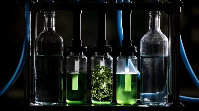 Five glass containers with green liquid and plant  arranged in a dark lab setting with blue tubing and scientific equipment