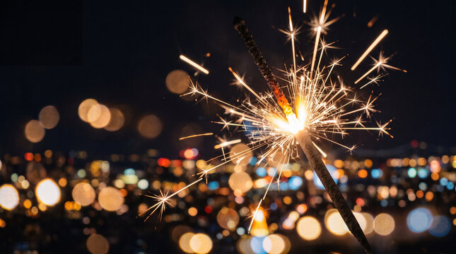 Macro sparkler burning sparks golden bokeh New Year detail