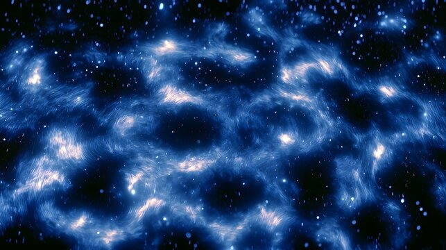 A cosmic scene with swirling blue nebulae and glowing star clusters against a dark starry background