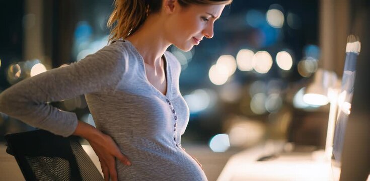 Pregnant professional woman feeling back pain while sitting on a chair in the office at night