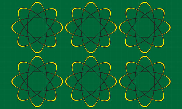 Abstract geometric pattern with yellow and black atomic symbols on green grid background