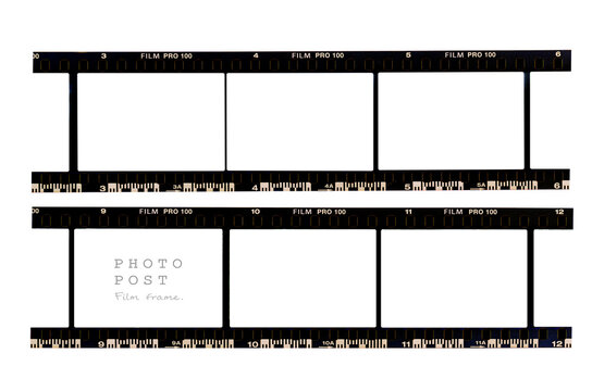 35mm film strip mockup template with white photo frames and photo post text on white background.