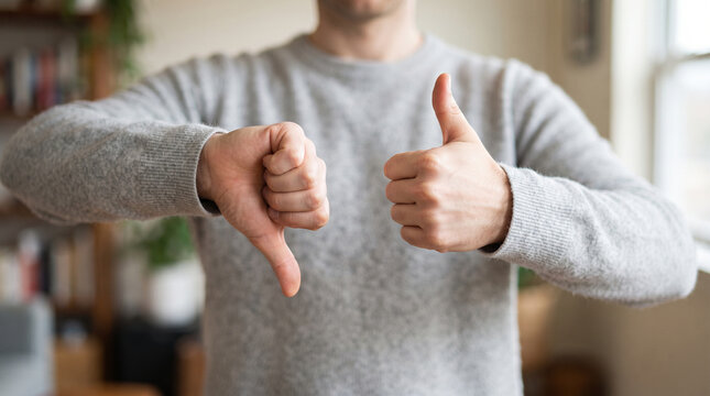 Man wearing a grey sweater showing a thumbs up and a thumbs down gesture simultaneously, representing a choice or mixed feelings