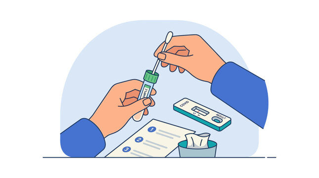 Hand holding covid test swab and tube with test kit