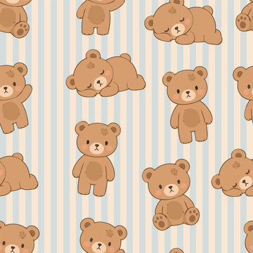 Cute Teddy Bear Seamless Pattern Pastel Hand Drawn Kids Design