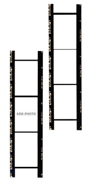 35mm film strip mockup template with white photo frames and photo post text on white background.