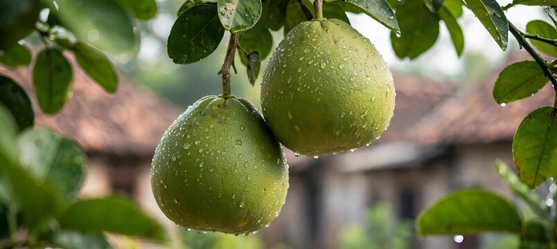 Two fresh green pomelo fruits on tree with raindrops