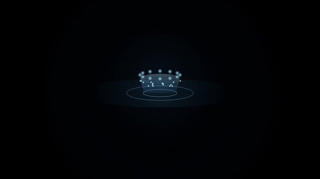 An abstract, futuristic digital crown glows with ethereal light, symbolizing authority, leadership, and regal power in a minimalist dark setting.