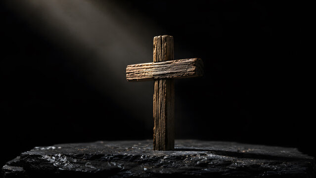 Wooden christian cross standing on a stone surface with a dramatic ray of light shining down against a dark background