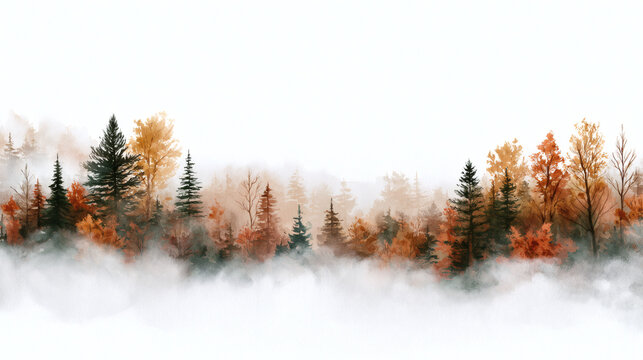 Soft watercolor landscape of autumn forest with orange leaves, tall pine trees, and drifting white mist on a clean white background.