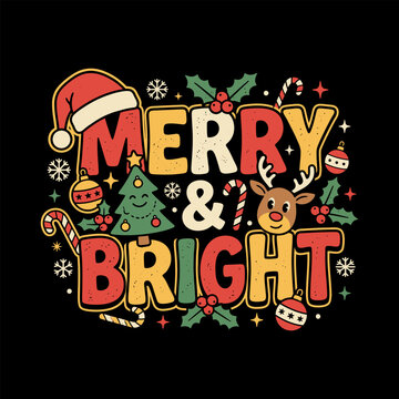 Merry And Bright Retro Christmas Santa Hat Reindeer Ornaments