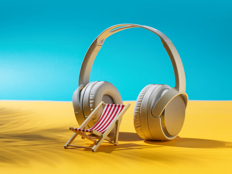 Miniature Beach Chair and Headphones with Palm Shadow for Summer Music